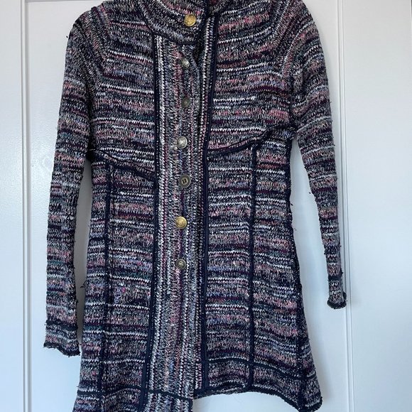 Free People Multicolored Cardigan Knit Wool Blend Raw Seam Coat Turtle Neck - Picture 1 of 5